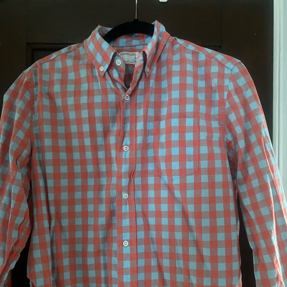 Crewcuts light blue and pink large gingham button down boys size 14